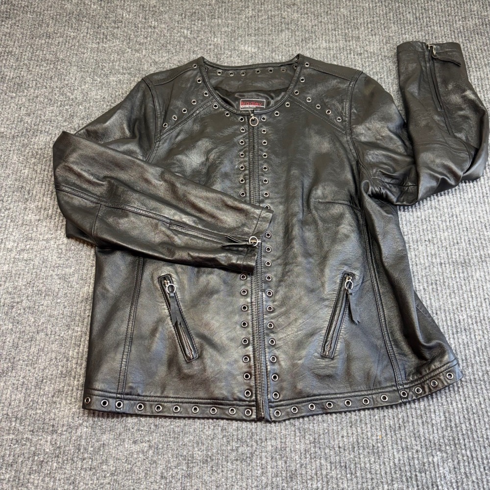 Bradley by Bradley Bayou Black Leather Grommet Eyelet Jacket XL Collarless‎ Moto